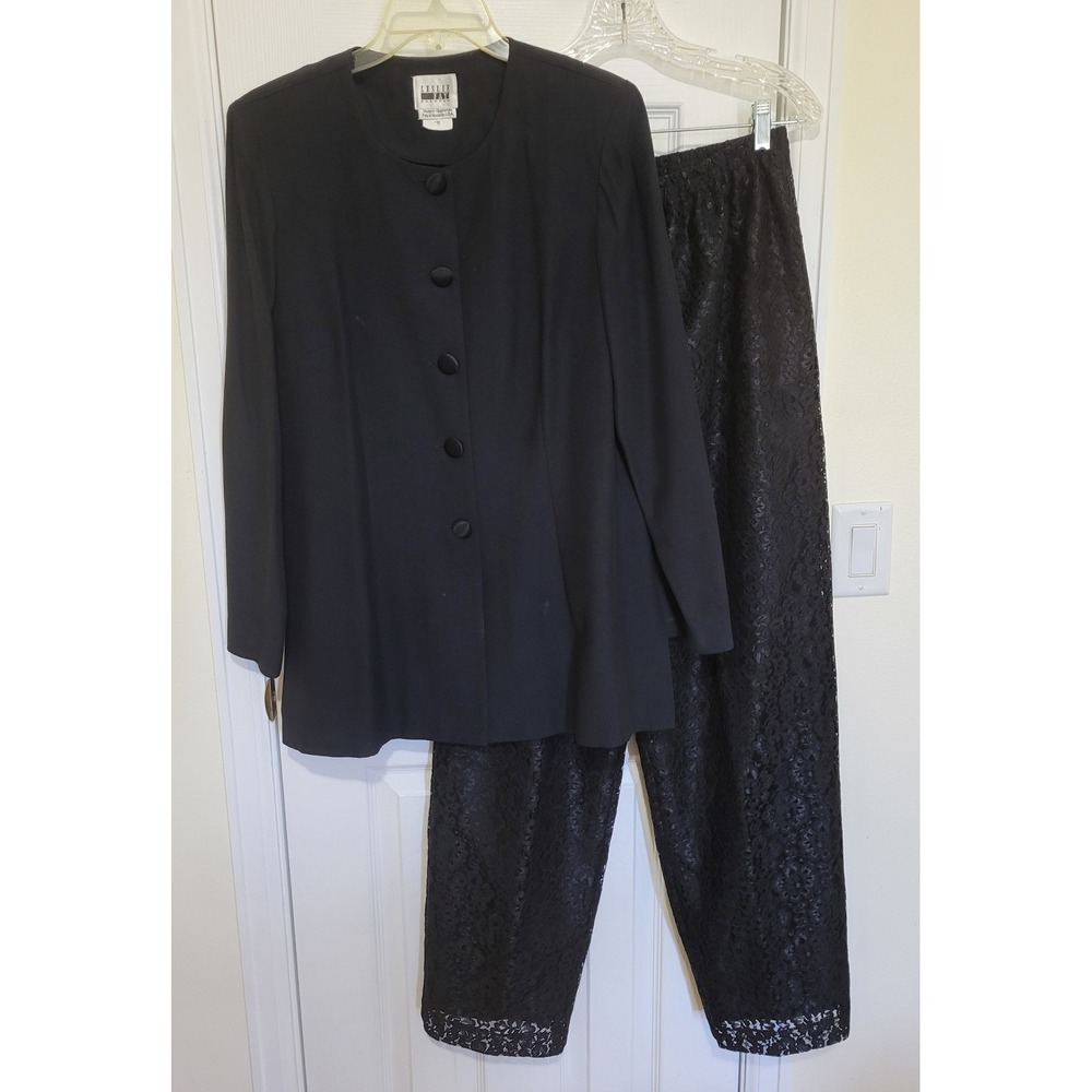 Leslie Fay Vintage 2 Piece Set Black Jacket Lace Pants Suit Size 12 Button Front